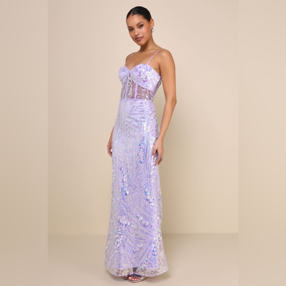 Lulu’s NWOT Perfection Seeker Lavender Iridescent Sequin Bustier Prom Maxi Dress - Picture 2 of 15